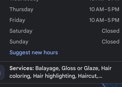 Salon Meraki service hours and offerings located in Wadesboro, North Carolina, US.