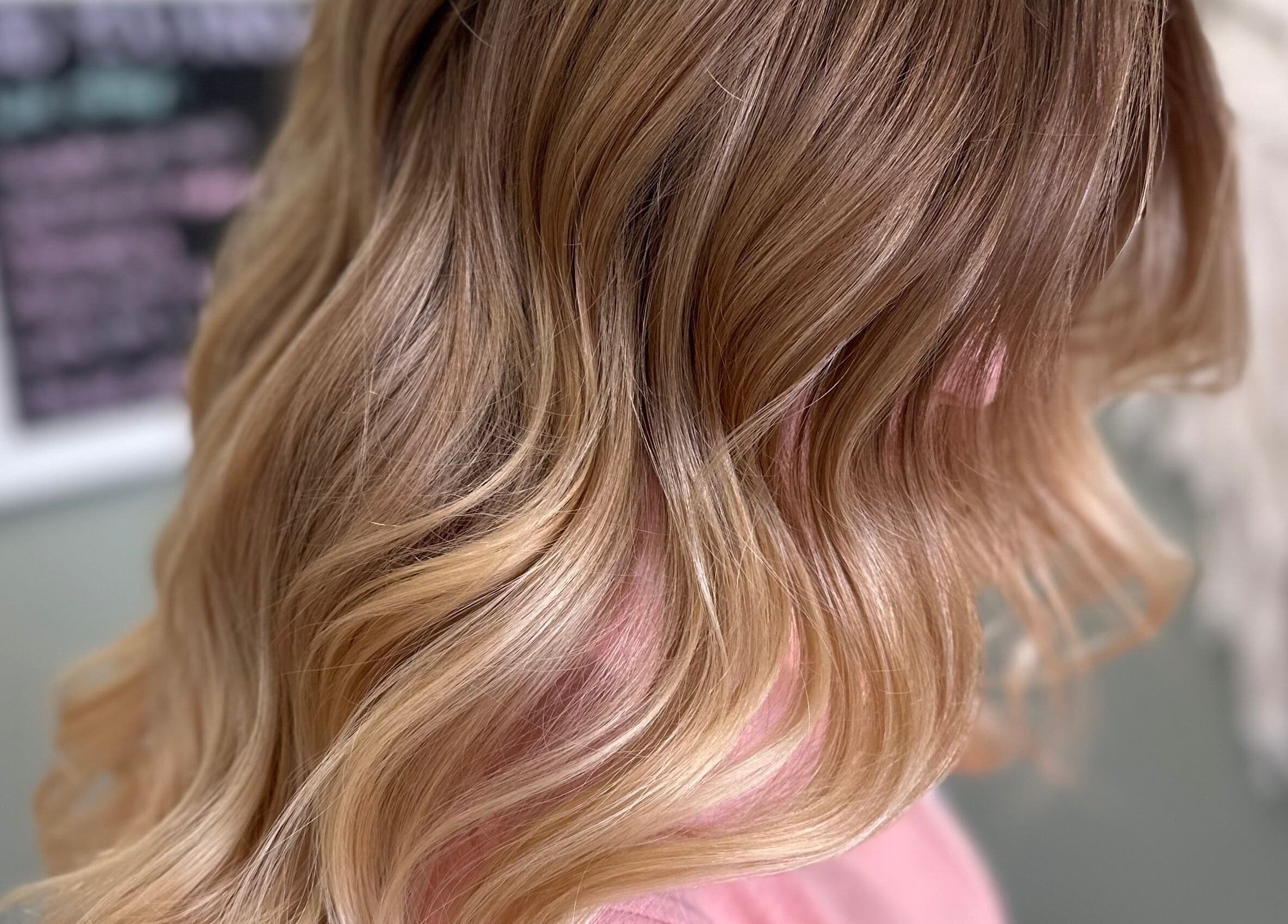 Hair styled with soft waves at Sparkling Style - Meraki, Olds, Alberta, CA.