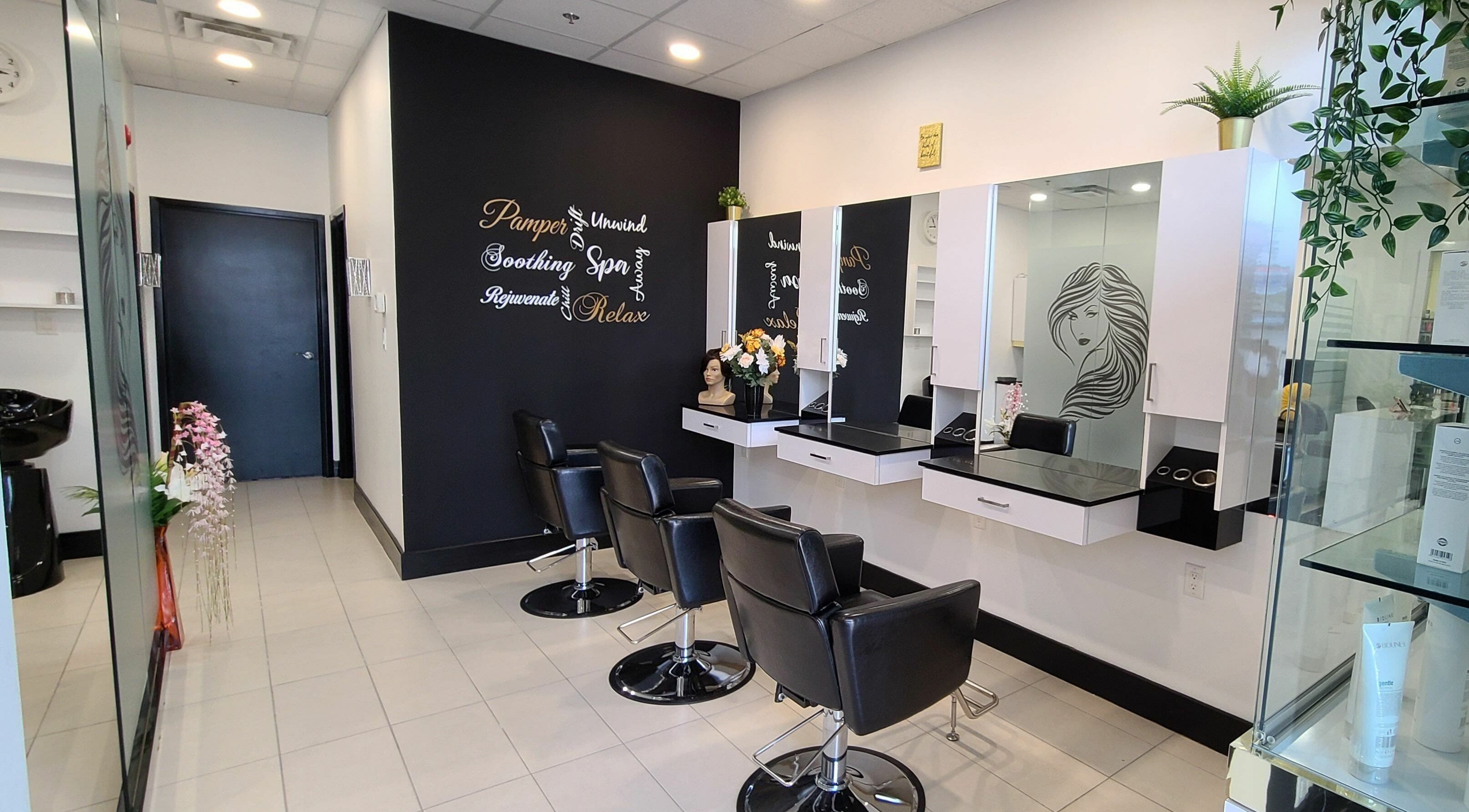 Chic interior of Beauty by Meet in Brampton, Ontario, CA, featuring modern salon chairs and stylish decor.