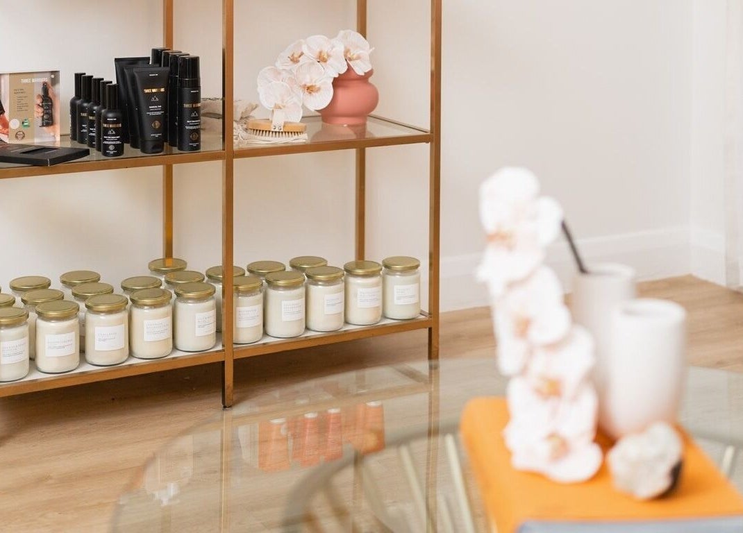 Elegant shelf with candles and products at The Glow Lab, Wagga Wagga, New South Wales, AU.