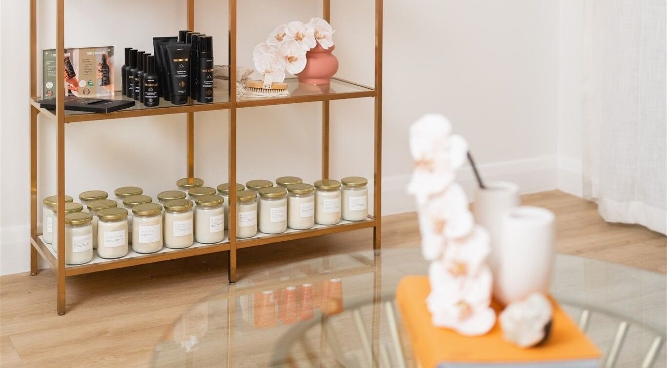 Elegant shelf with candles and products at The Glow Lab, Wagga Wagga, New South Wales, AU.
