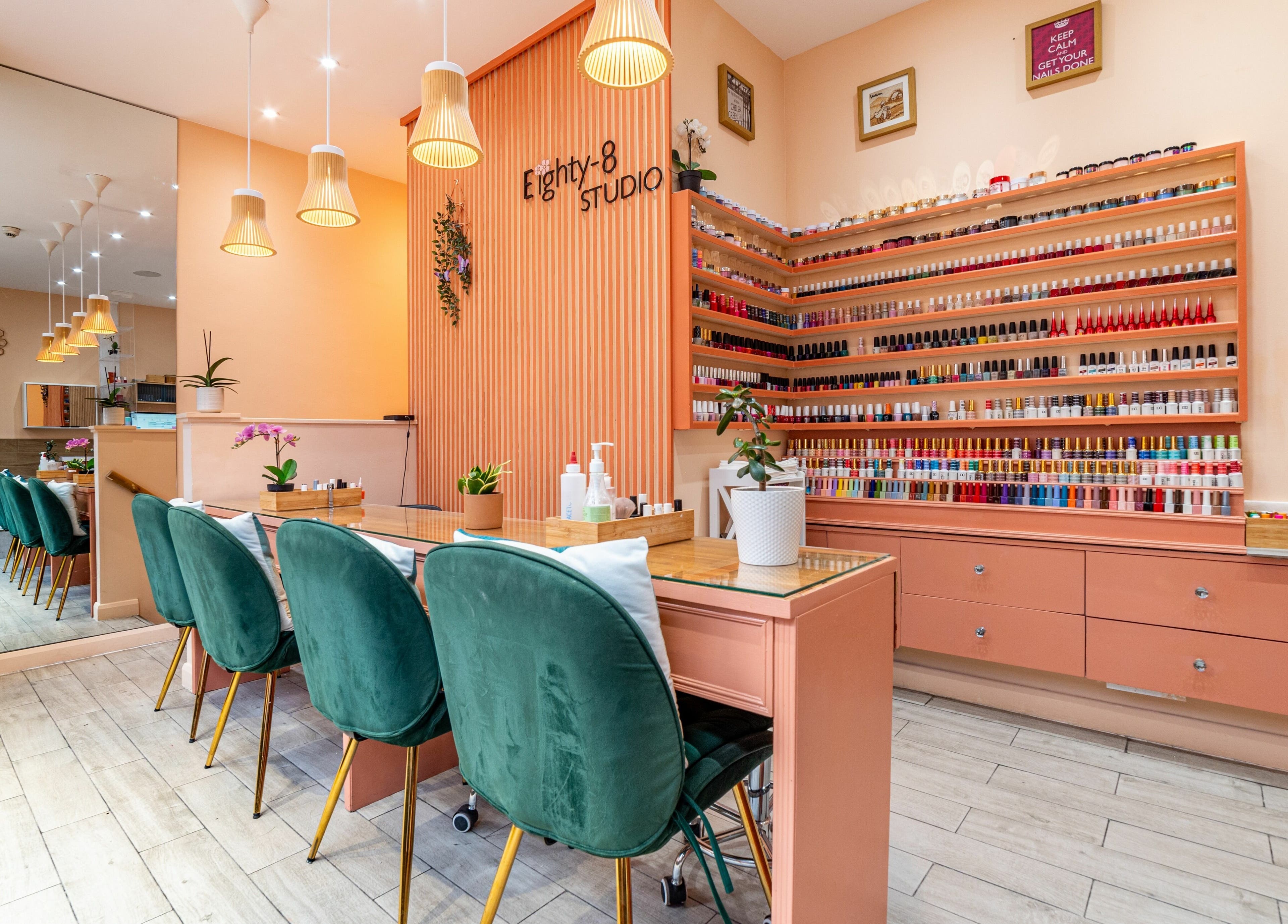 Eighty-8 Cale Street in London, England, GB offers a chic nail salon with vibrant polish displays and plush seating.