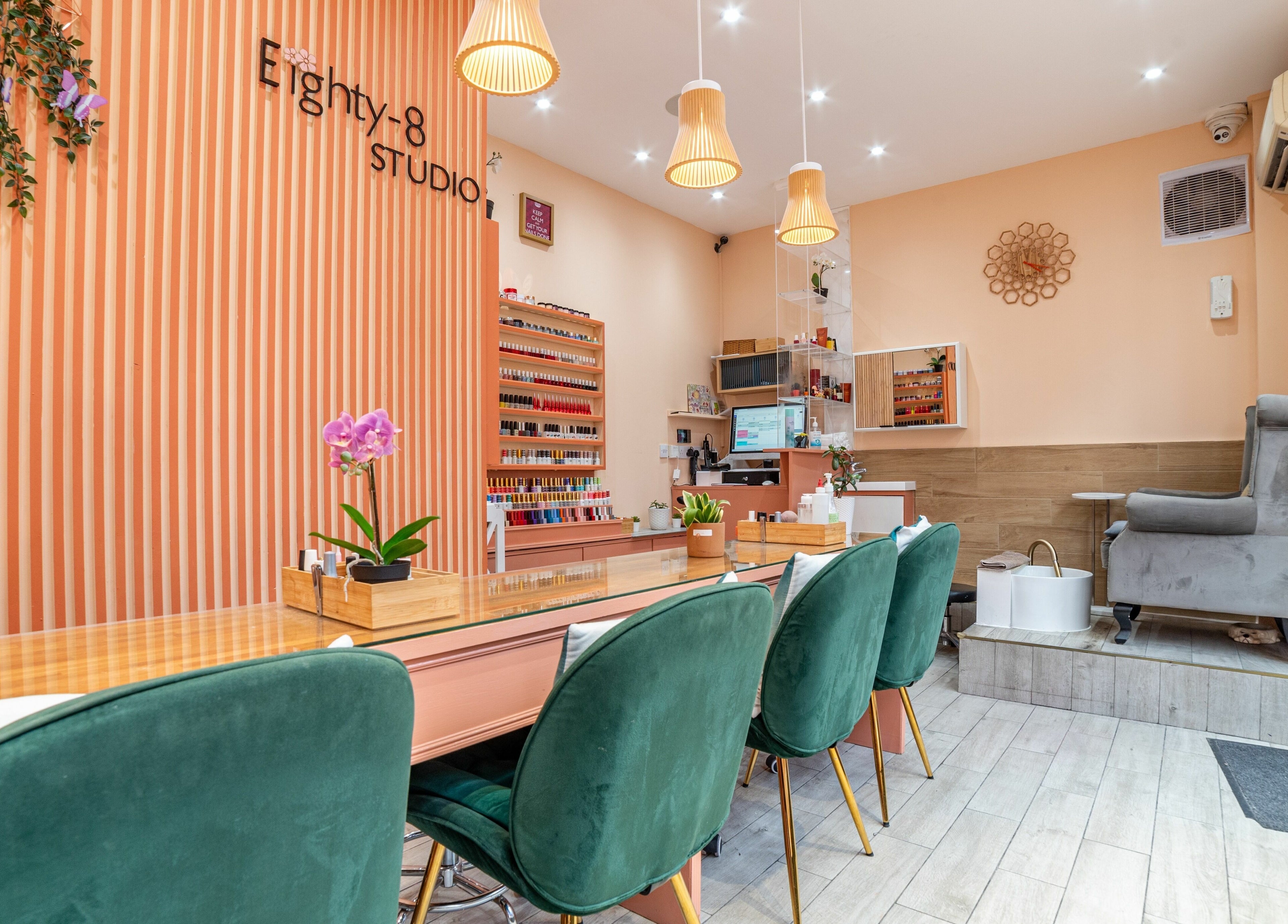 Elegant interior of Eighty-8 Cale Street, London, England, GB showcasing chic nail bar setup.