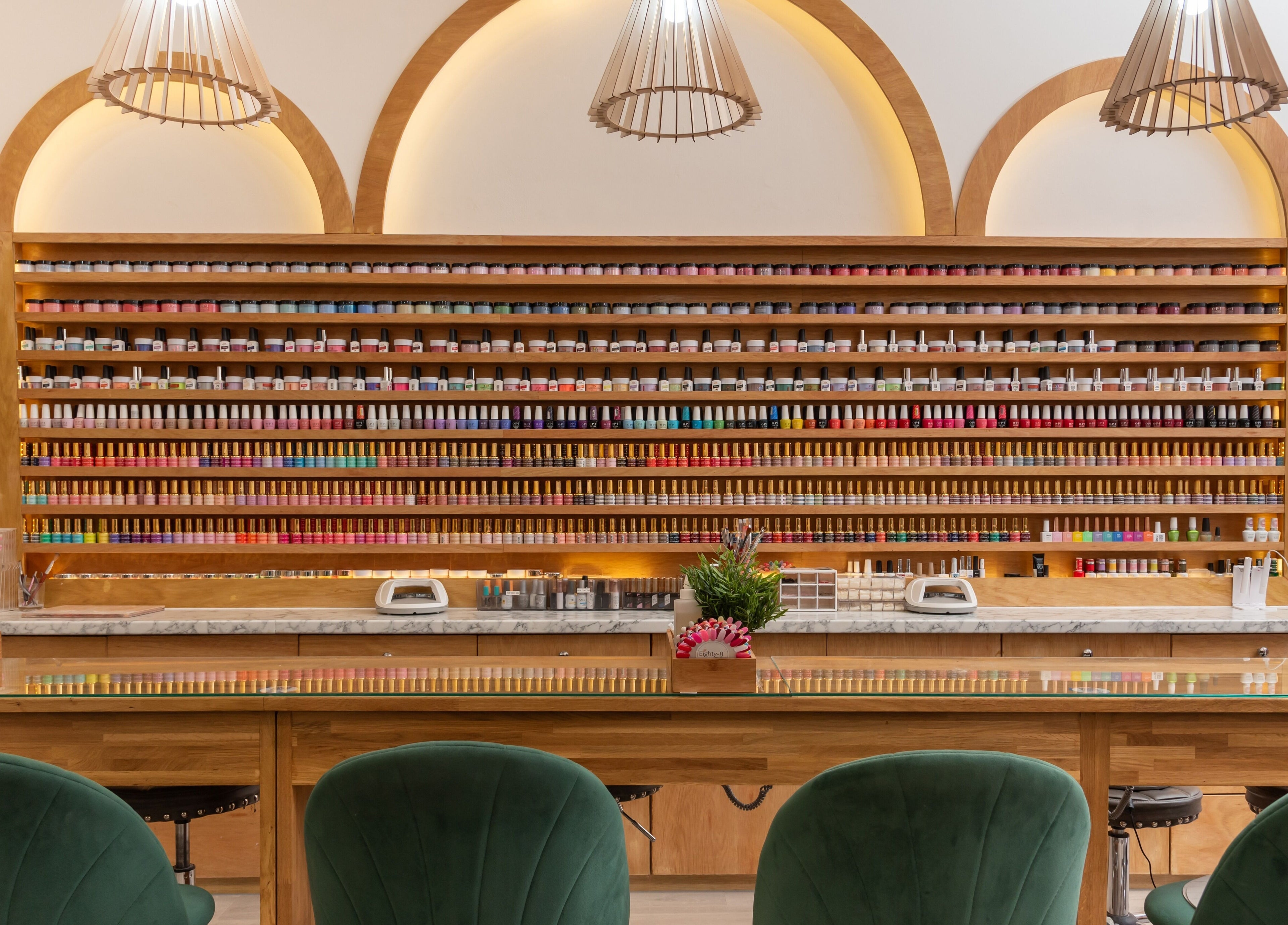 Eighty-8 Covent Garden nail polish display at chic salon, London, England, GB.
