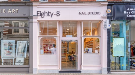 Exterior of Eighty-8 Kings Road Nail Studio in London, England, GB, showcasing stylish storefront design.