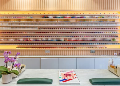 Vibrant nail polish display at Eighty-8 Kings Road, London, England, GB. Bright, organized selection.
