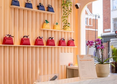 Elegant interior of Eighty-8 Kings Road, London, England, GB, with stylish decor and luxury gift bags.