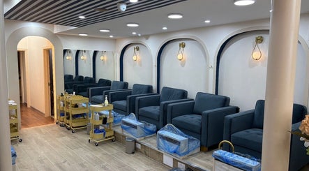 Elegant pedicure chairs at The Nail Town, London, England, GB, offering luxury beauty services.