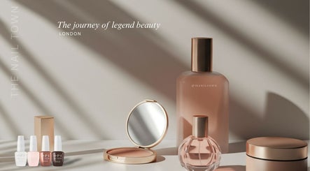 Beauty products elegantly displayed at The Nail Town, London, England, GB in subtle lighting.