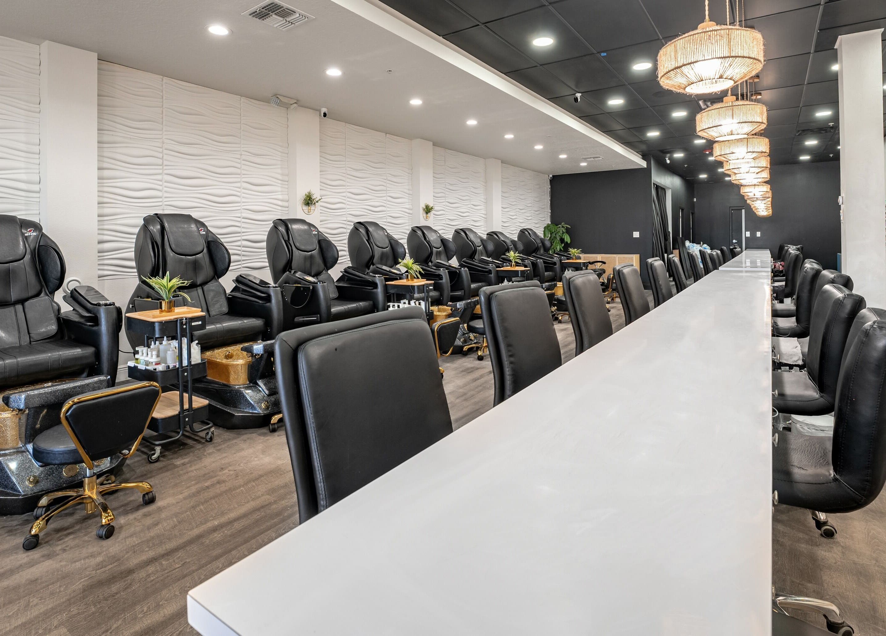 Elegant pedicure chairs at Flex-I Nails Spa in Orlando, Florida, US provide a luxurious and relaxing experience.