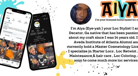 Locs of Color stone mountain georgia US Instagram TikTok profiles of loc stylist Aiya with bio details.