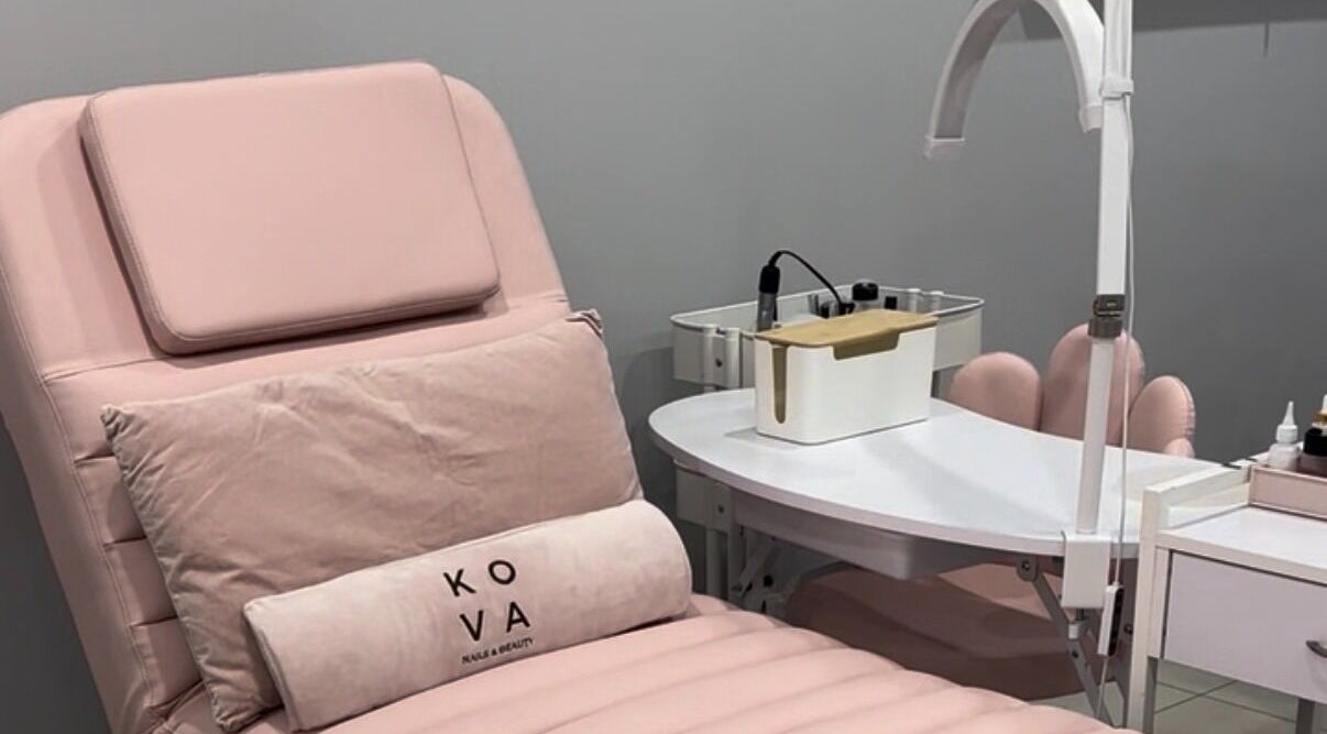 Kova Nails and Beauty lounge in St Leonards, New South Wales, AU with a plush pink chair for treatments.