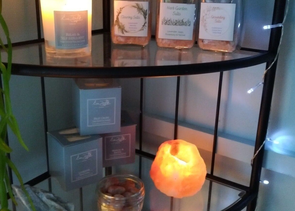 Relaxing candle and salts display at Holistic Shed with Laura Kirk, Matlock, England, GB.