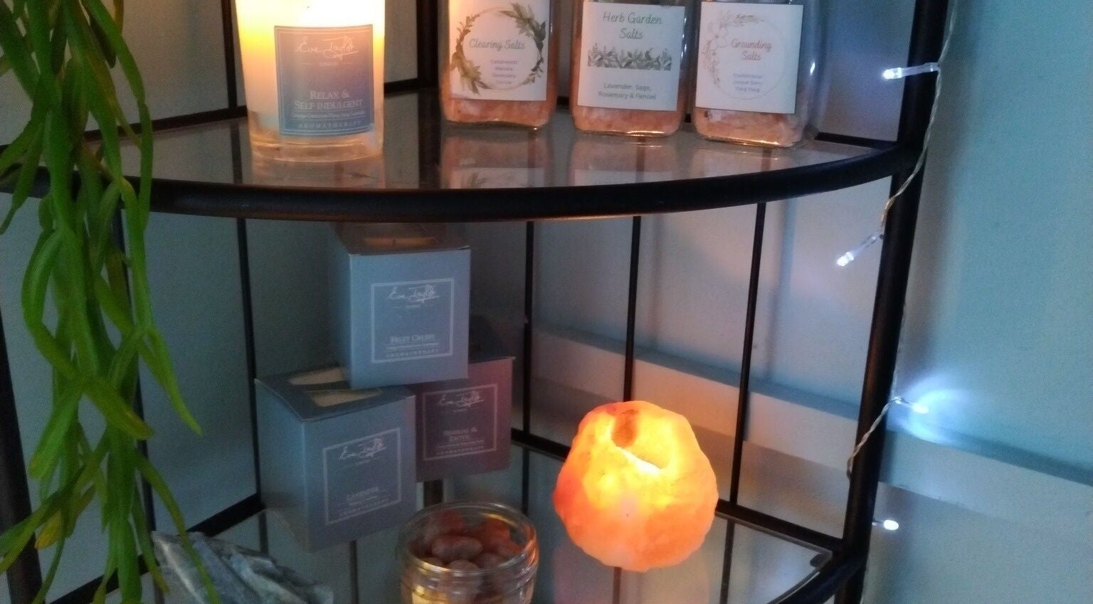 Relaxing candle and salts display at Holistic Shed with Laura Kirk, Matlock, England, GB.