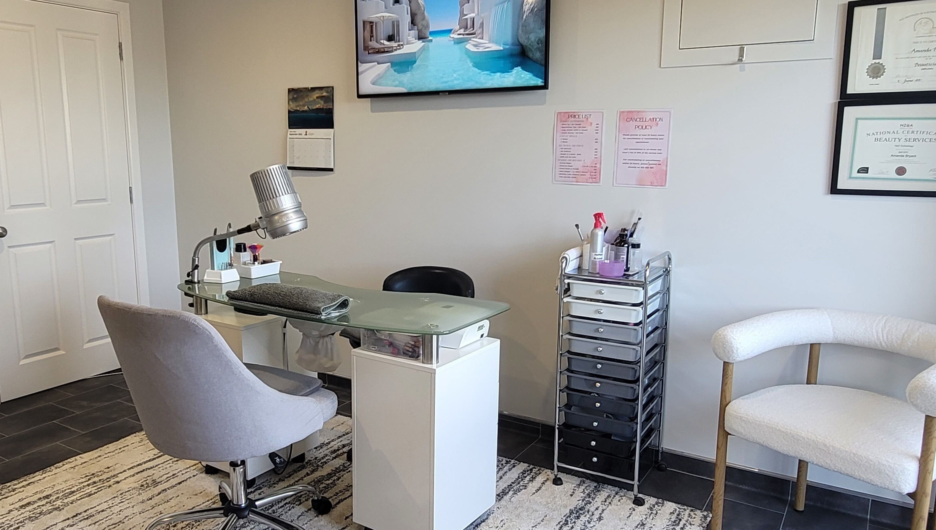 Cozy nail station at Amanda's Nail and Body Sculpting Studio, Timaru, Canterbury, NZ, showcasing elegant decor.