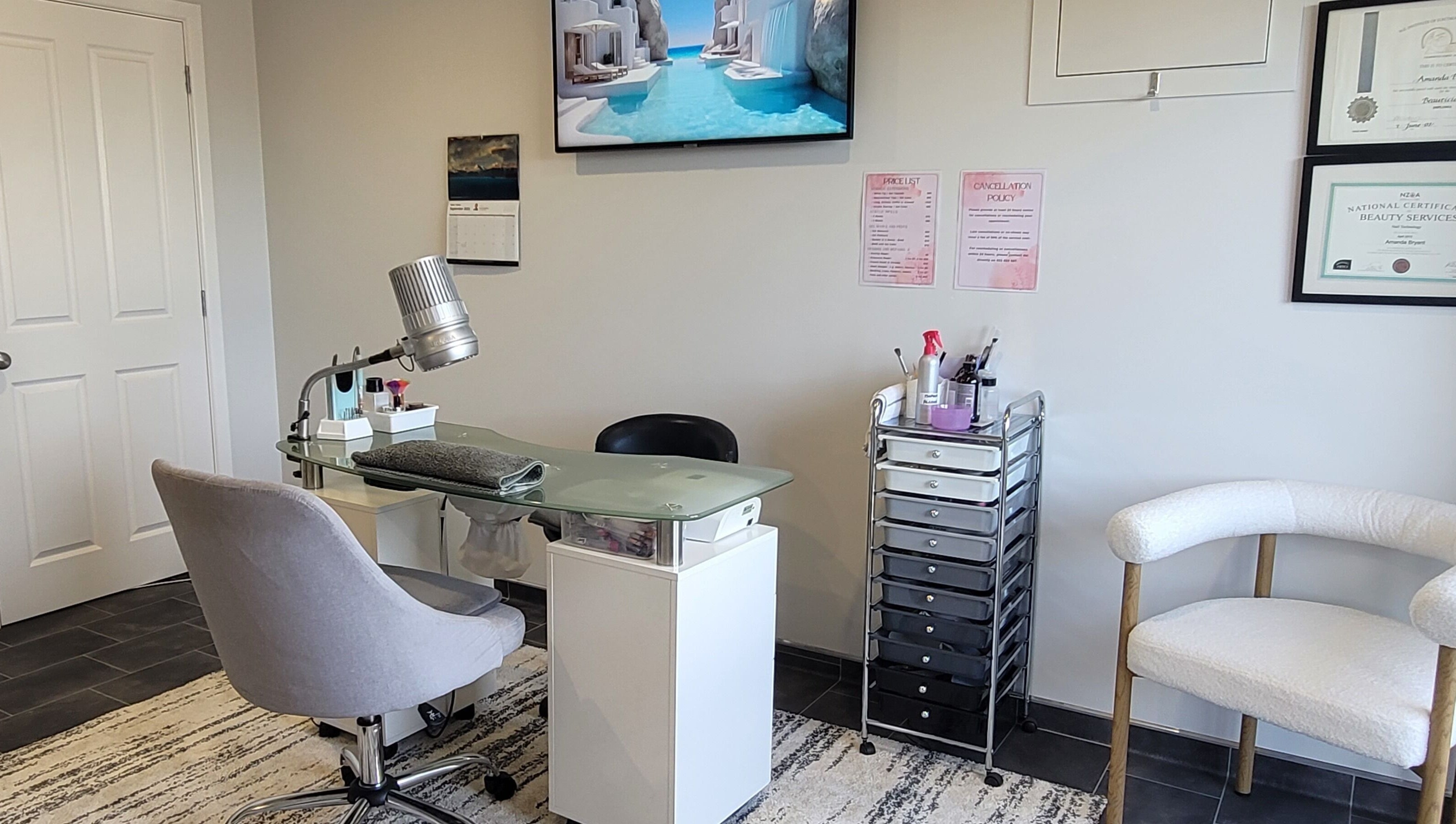Cozy nail station at Amanda's Nail and Body Sculpting Studio, Timaru, Canterbury, NZ, showcasing elegant decor.