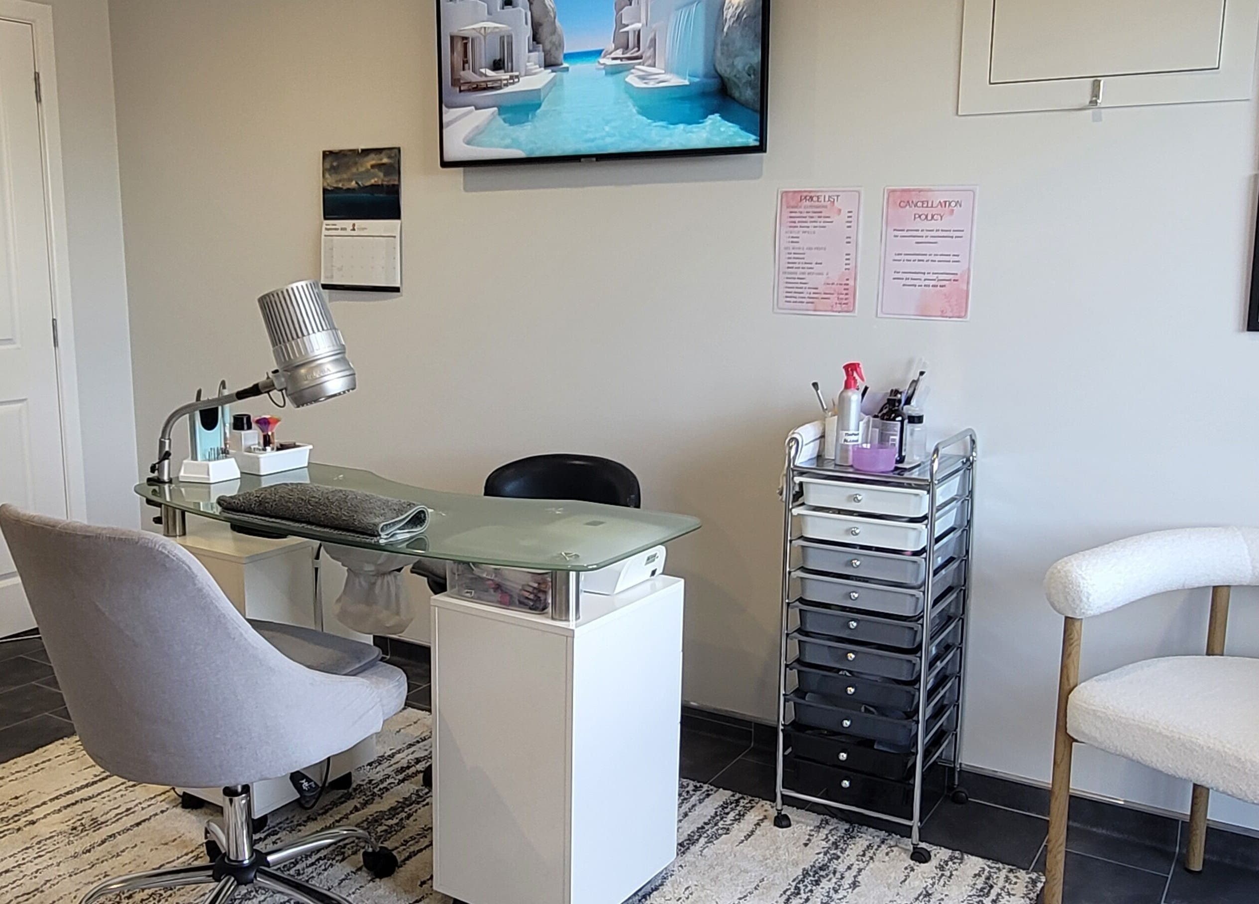 Cozy nail station at Amanda's Nail and Body Sculpting Studio, Timaru, Canterbury, NZ, showcasing elegant decor.