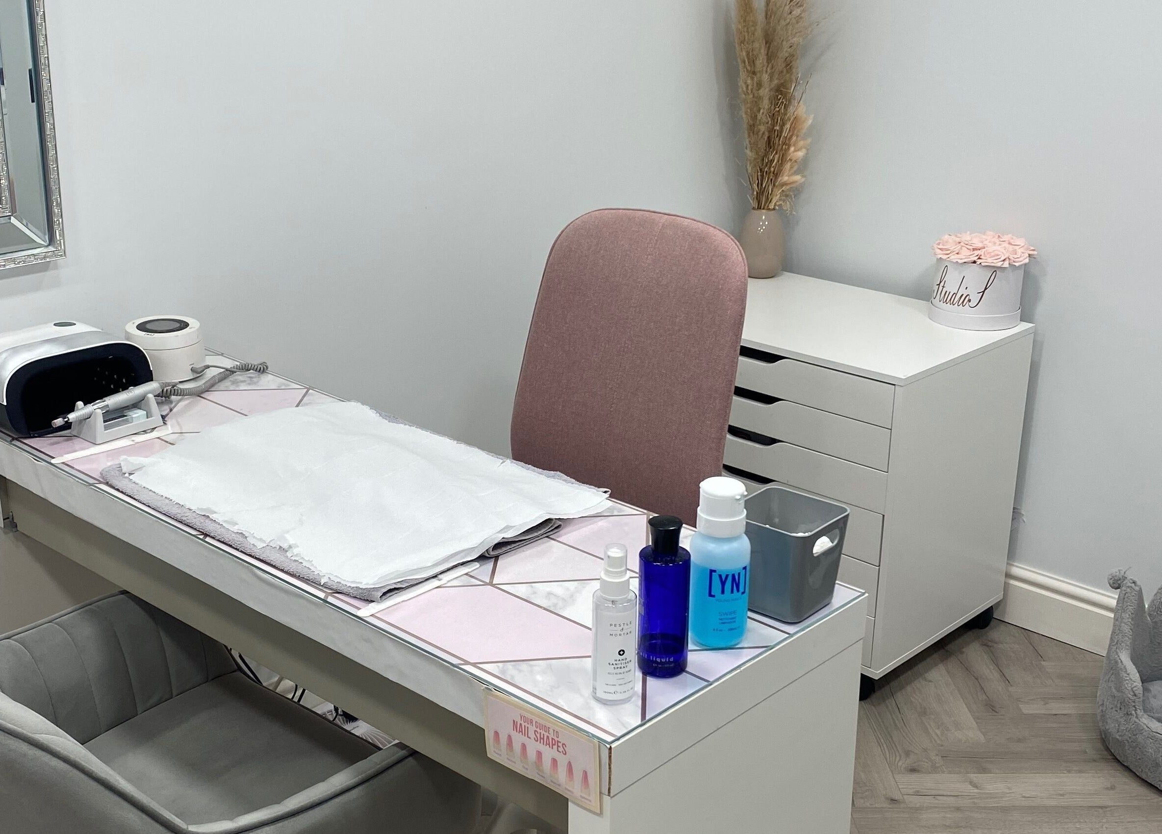 Chic nail salon setup at Studio S, Lucan, County Dublin, IE featuring manicure tools and elegant decor.