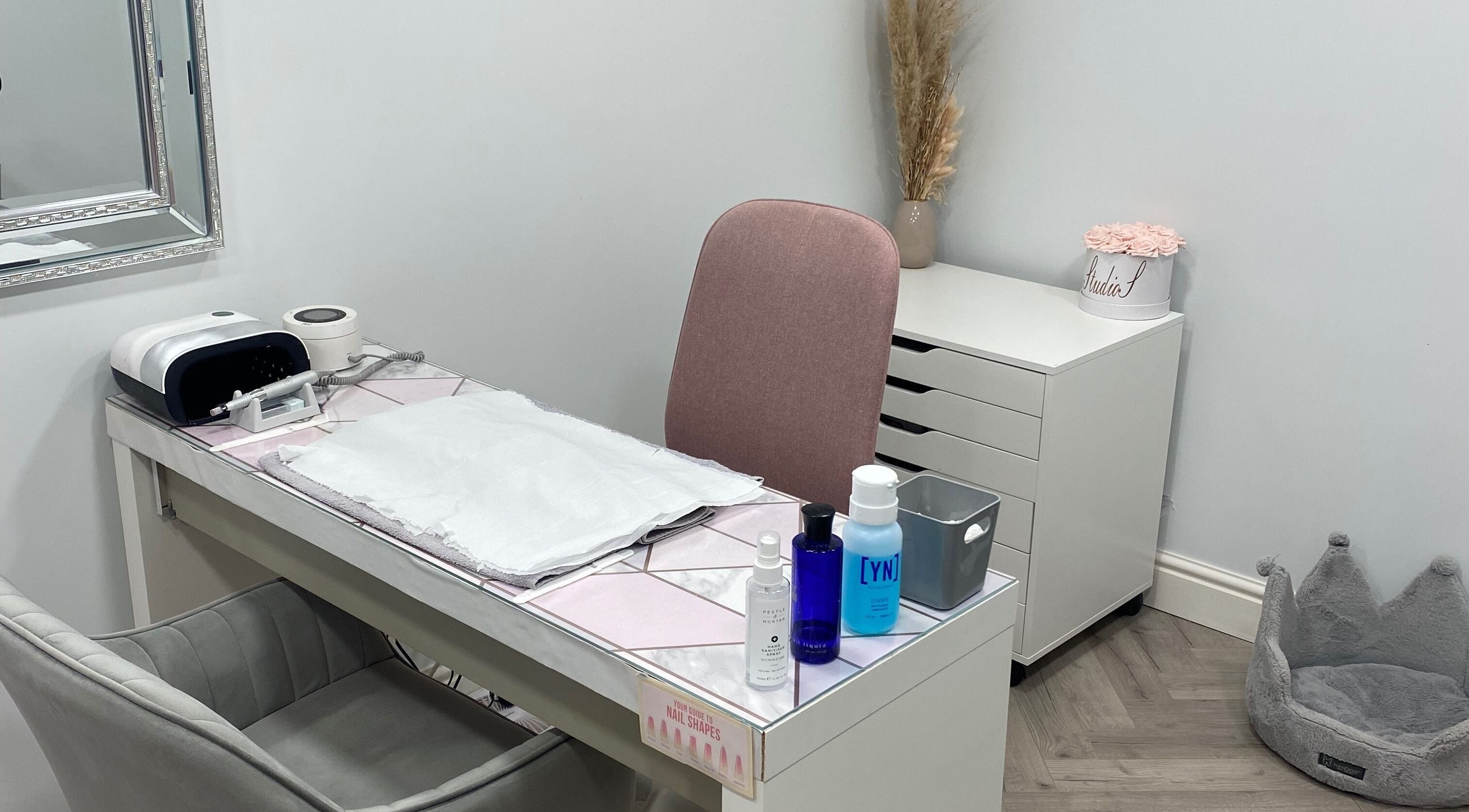 Chic nail salon setup at Studio S, Lucan, County Dublin, IE featuring manicure tools and elegant decor.