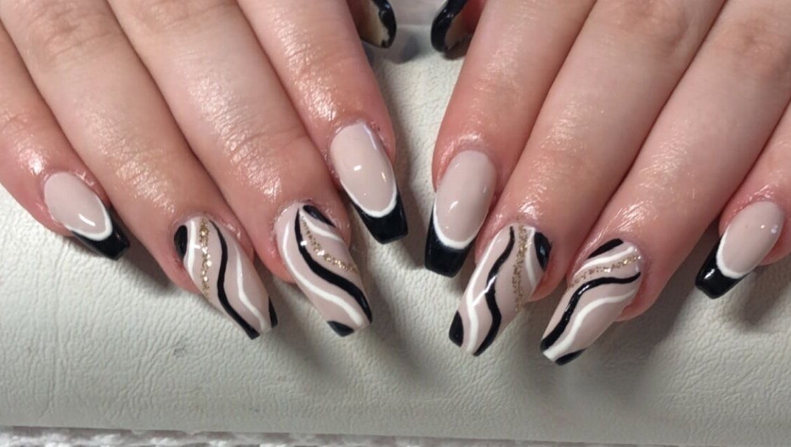 Stylish black and white abstract nails at Pre Existing Clients Of Polished By The Sea, Newfoundland And Labrador, CA.