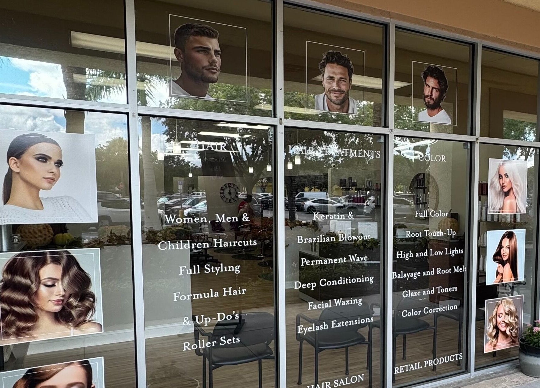 Studio 3 window display in Naples, Florida, US showcasing salon services and trendy hairstyles.