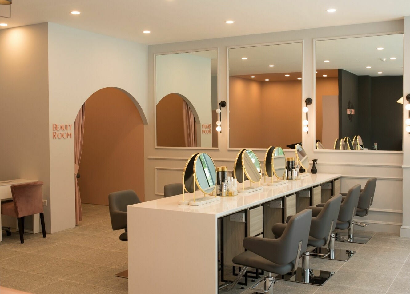 Stylish interior of Dry and Fly Spencer Dock, Spencer Dock, County Dublin, IE, featuring elegant beauty stations.