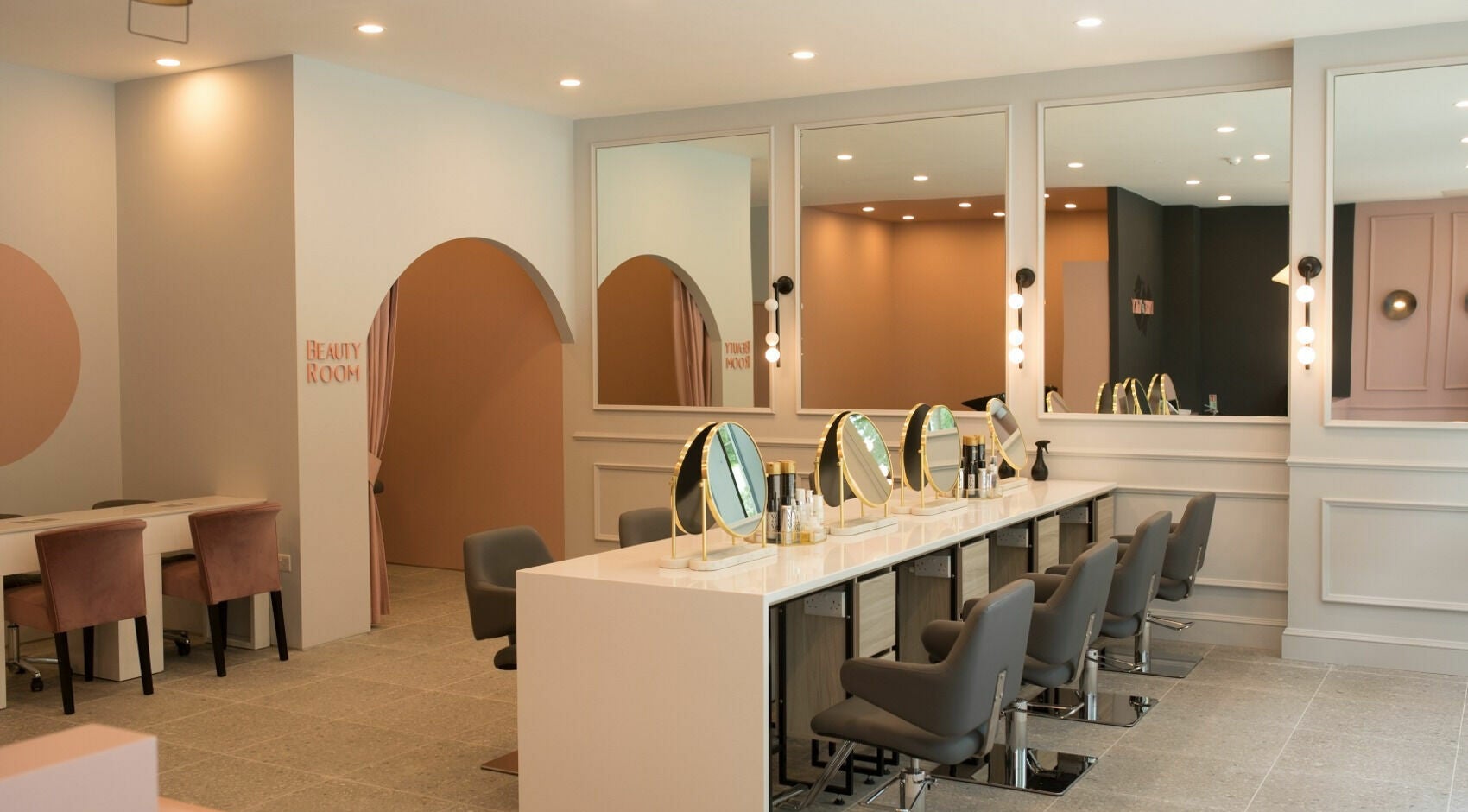 Stylish interior of Dry and Fly Spencer Dock, Spencer Dock, County Dublin, IE, featuring elegant beauty stations.