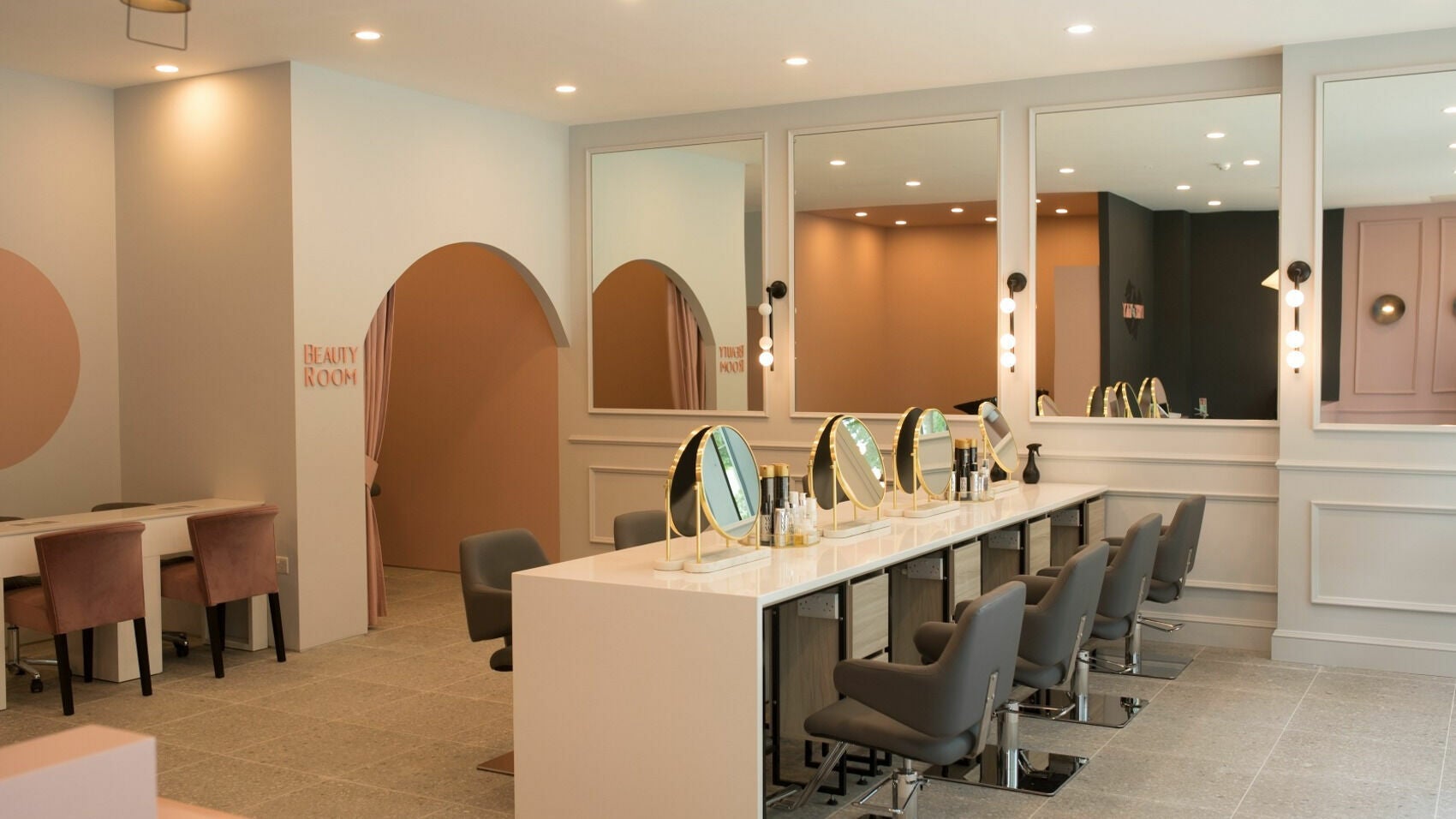 Stylish interior of Dry and Fly Spencer Dock, Spencer Dock, County Dublin, IE, featuring elegant beauty stations.