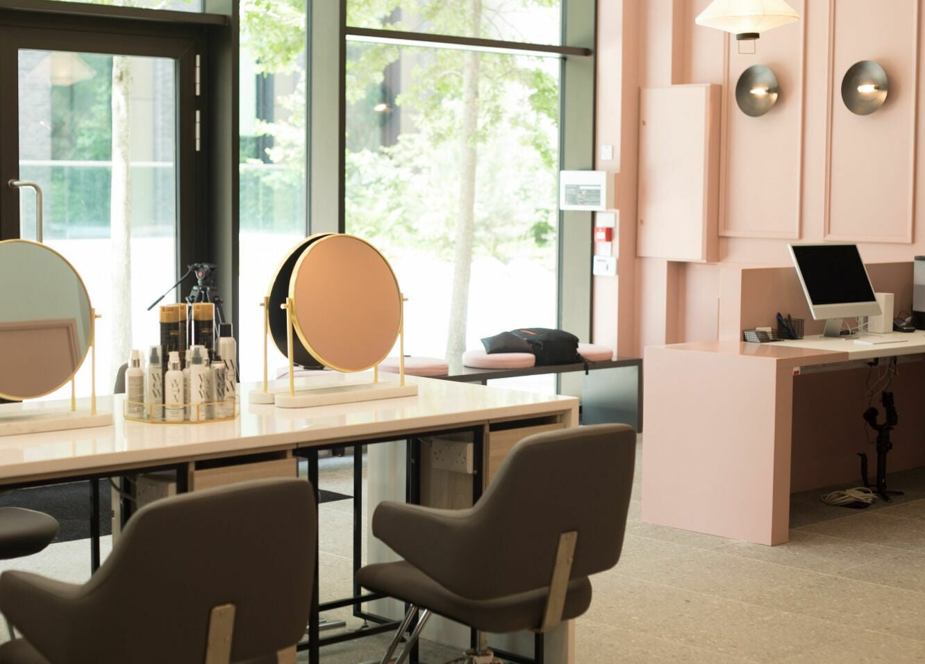Modern beauty salon interior at Dry and Fly Spencer Dock, Spencer Dock, County Dublin, IE with elegant decor.