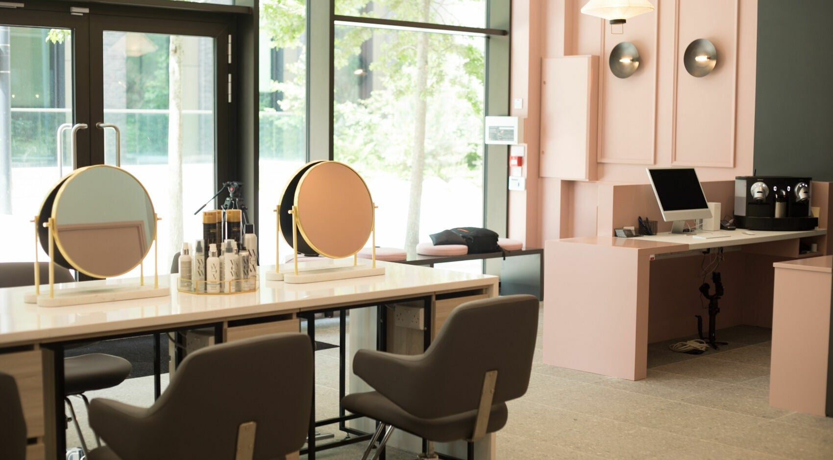 Modern beauty salon interior at Dry and Fly Spencer Dock, Spencer Dock, County Dublin, IE with elegant decor.