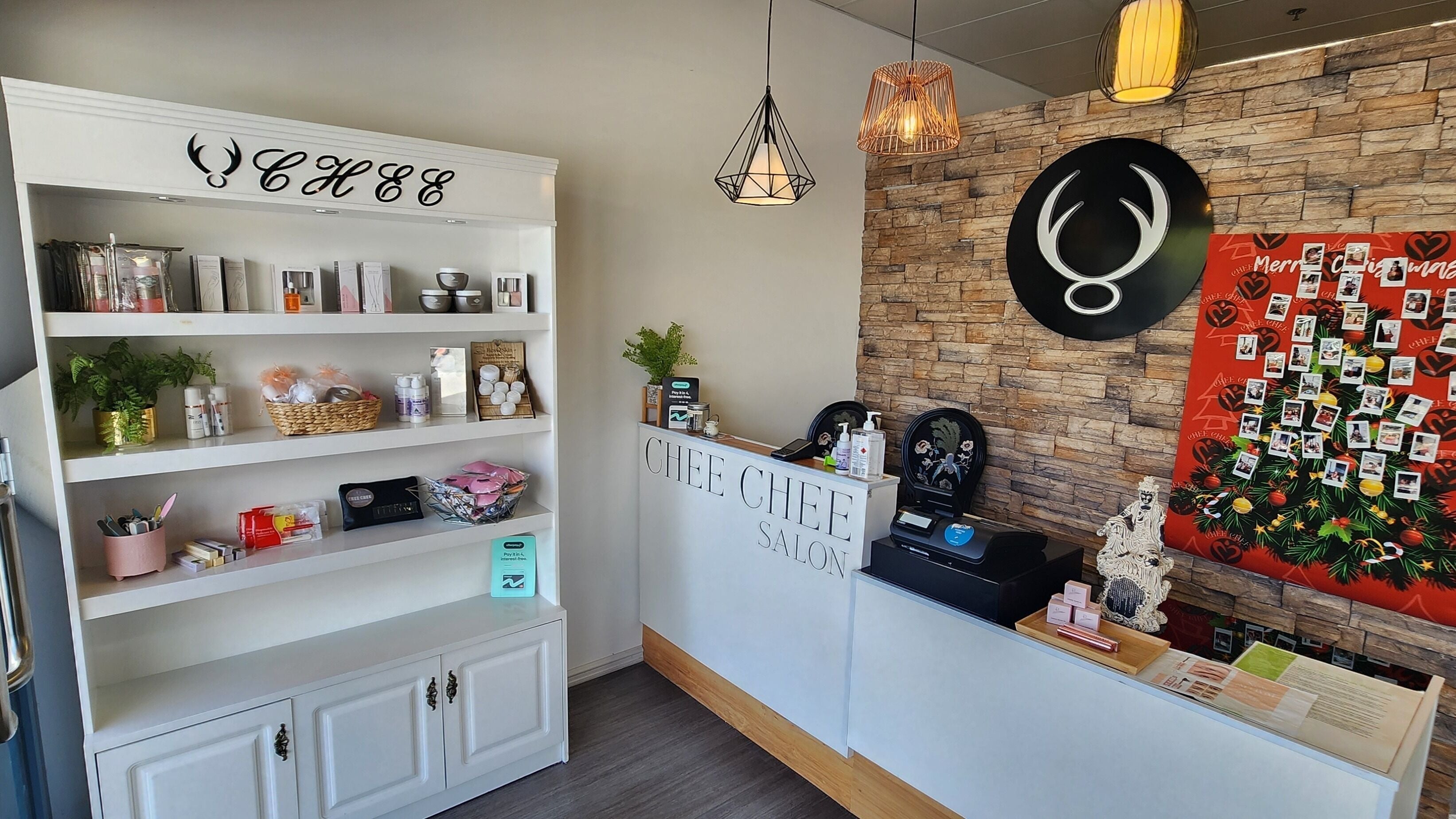 Chee Chee Salon reception area in Bayonet Head, Western Australia, showcasing elegant decor and products.