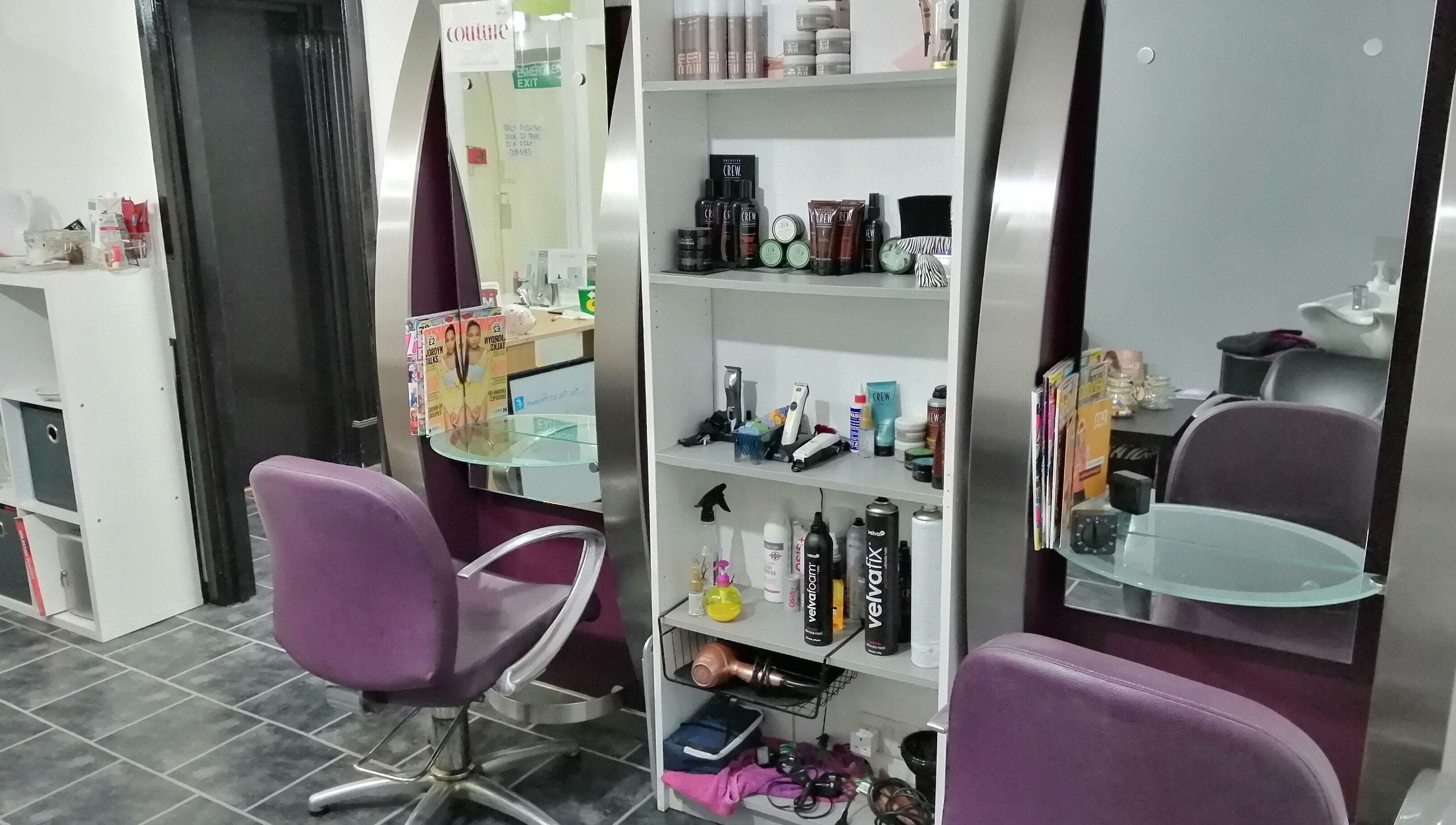 Professional styling station at Mel at Salon Arriba, featuring beauty products in Stoke-on-Trent, England, GB.