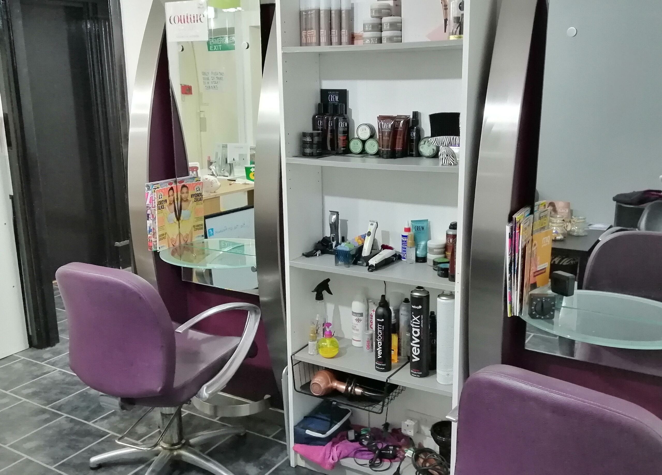 Professional styling station at Mel at Salon Arriba, featuring beauty products in Stoke-on-Trent, England, GB.