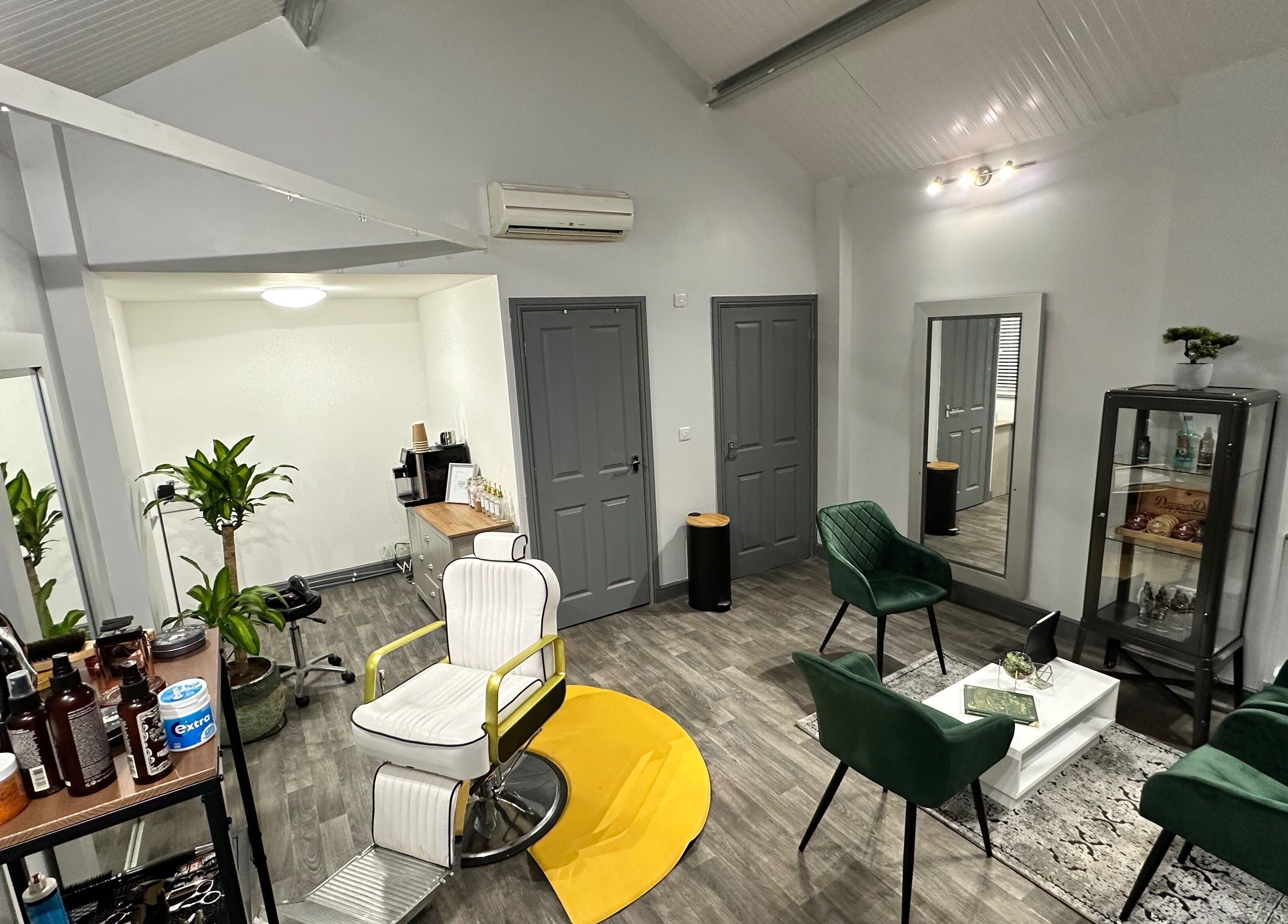 Sleek salon interior with stylish decor at The Skinned Lid in Huddersfield, England, GB.