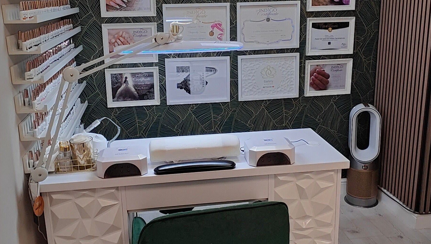 Elegant manicure station at Kala Nails Limerick, in Limerick, County Limerick, IE, with certificates displayed.