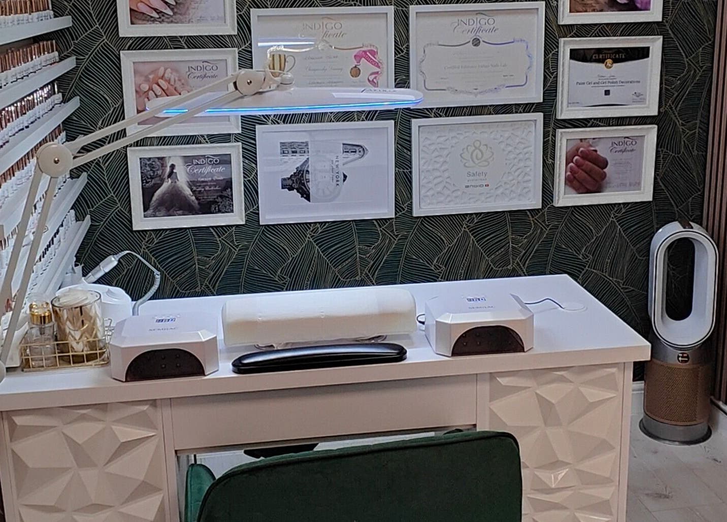 Elegant manicure station at Kala Nails Limerick, in Limerick, County Limerick, IE, with certificates displayed.