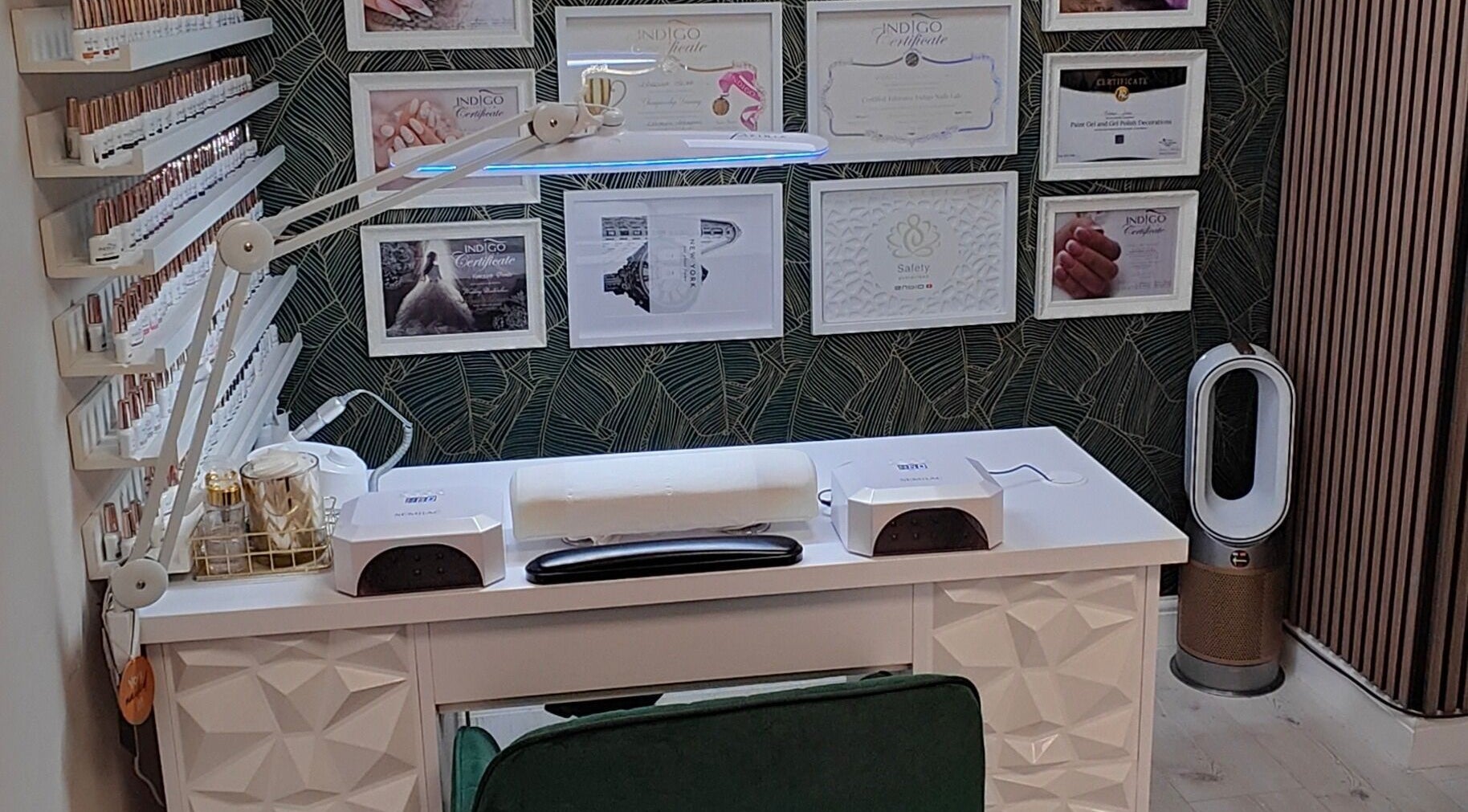 Elegant manicure station at Kala Nails Limerick, in Limerick, County Limerick, IE, with certificates displayed.