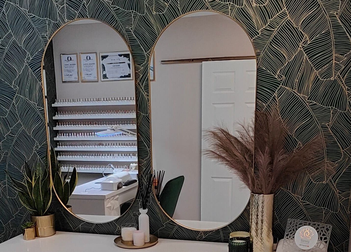 Elegant mirror setup at Kala Nails Limerick, featuring stylish decor and nail polish display in Limerick, County Limerick, IE.