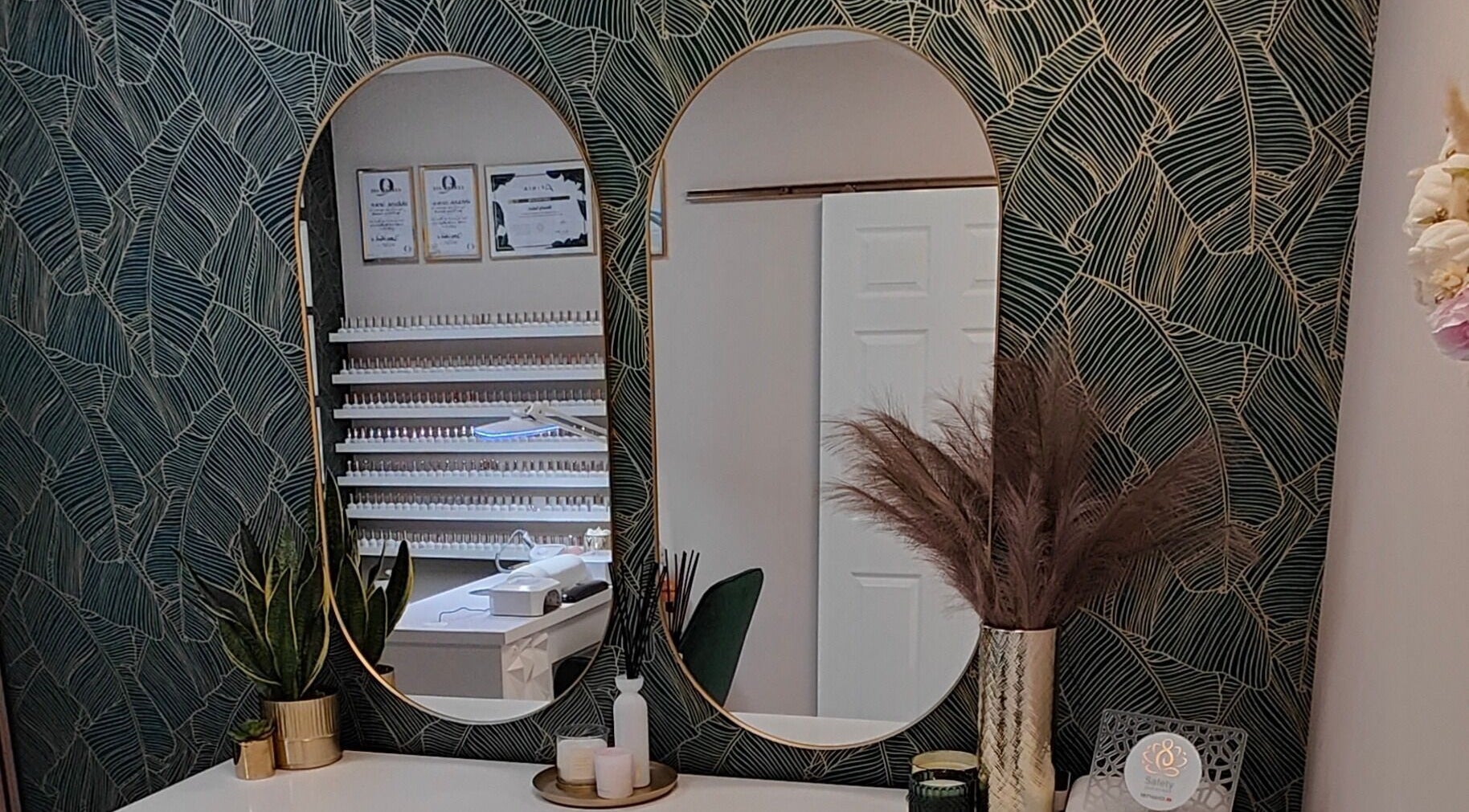 Elegant mirror setup at Kala Nails Limerick, featuring stylish decor and nail polish display in Limerick, County Limerick, IE.