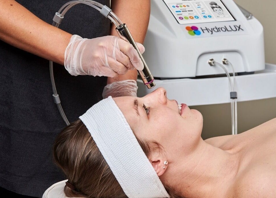 Client receiving HydroLux facial treatment at Tocumwal Skin & Body, Tocumwal, New South Wales, AU.