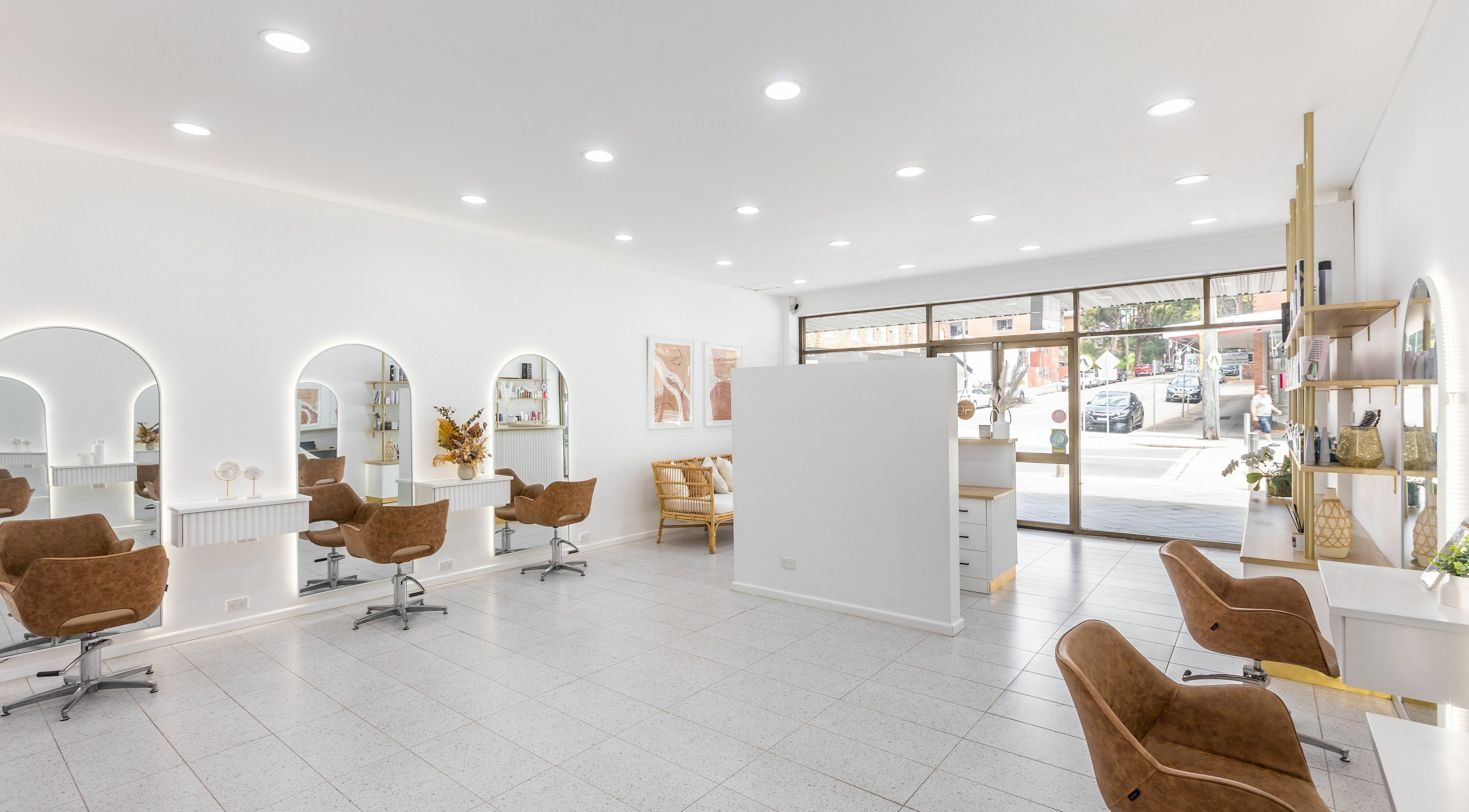 Interior of JoJo's Hair Studio in Penshurst, New South Wales, AU with modern decor and styling stations.