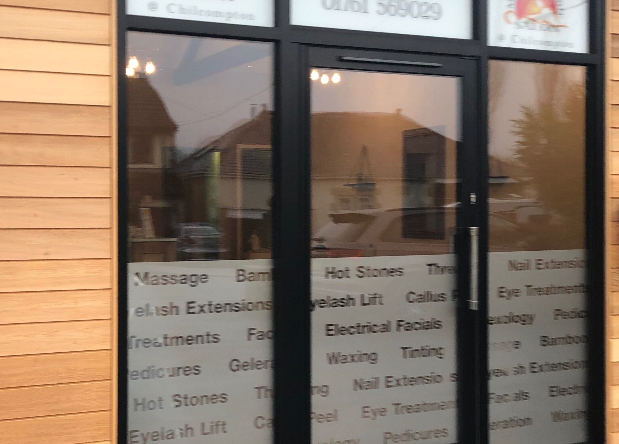 Entrance of Midsomer Beauty Salon Ltd in Chilcompton, England, GB showcasing services offered.