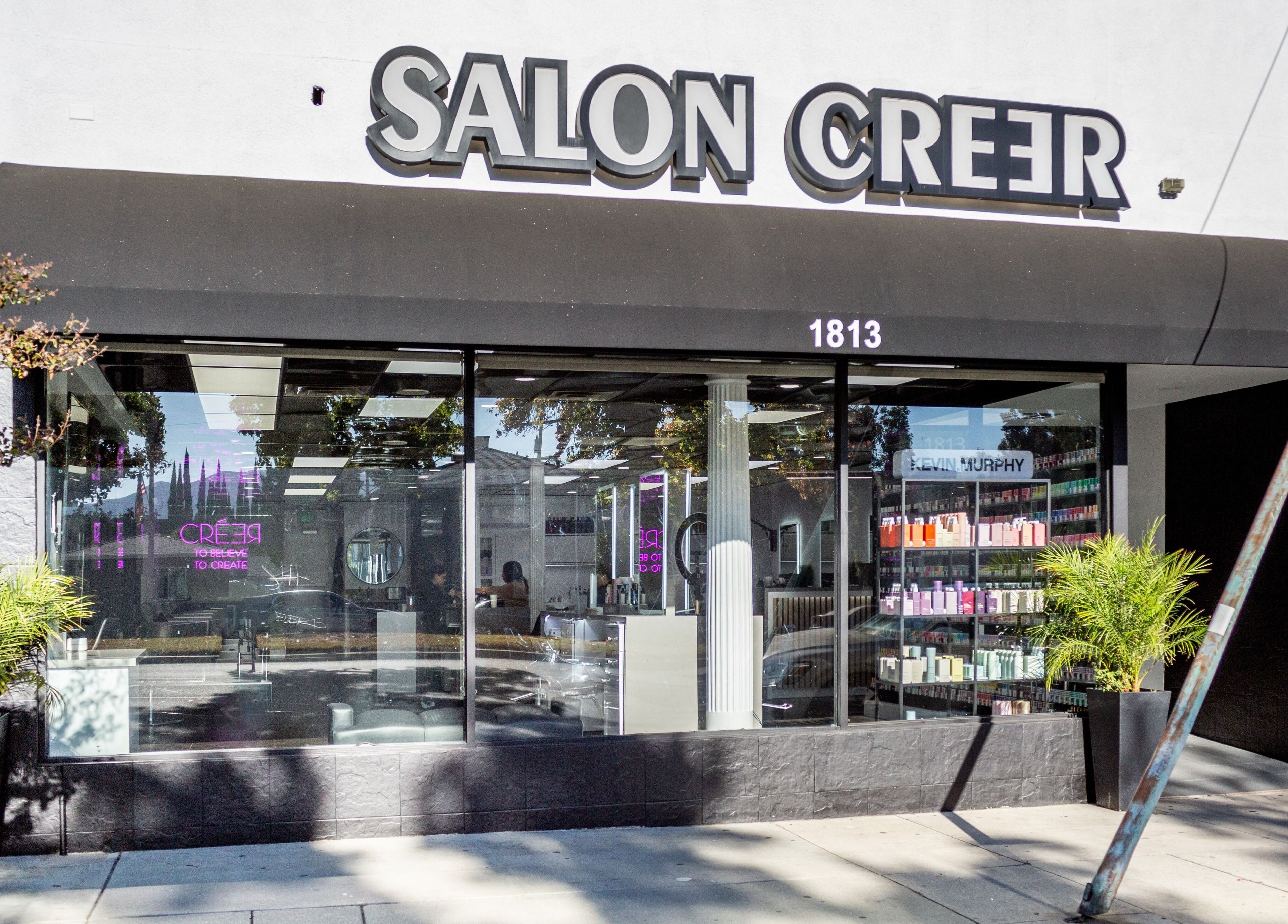Front view of Salon Creer & Spa in Glendale, California, showcasing stylish design and product display.