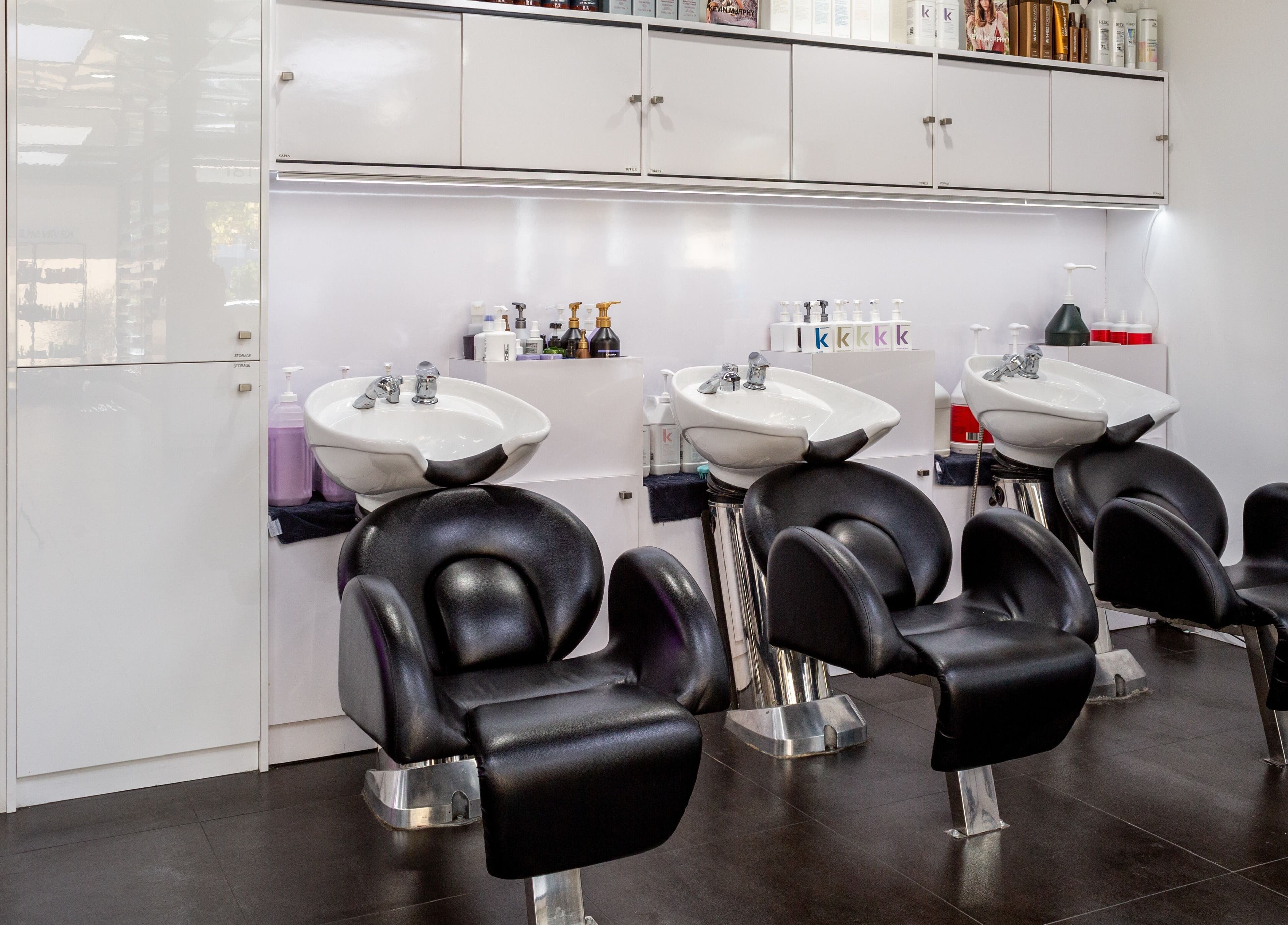 Modern wash stations at Salon Creer & Spa, Glendale, California, US, designed for a luxurious hair care experience.