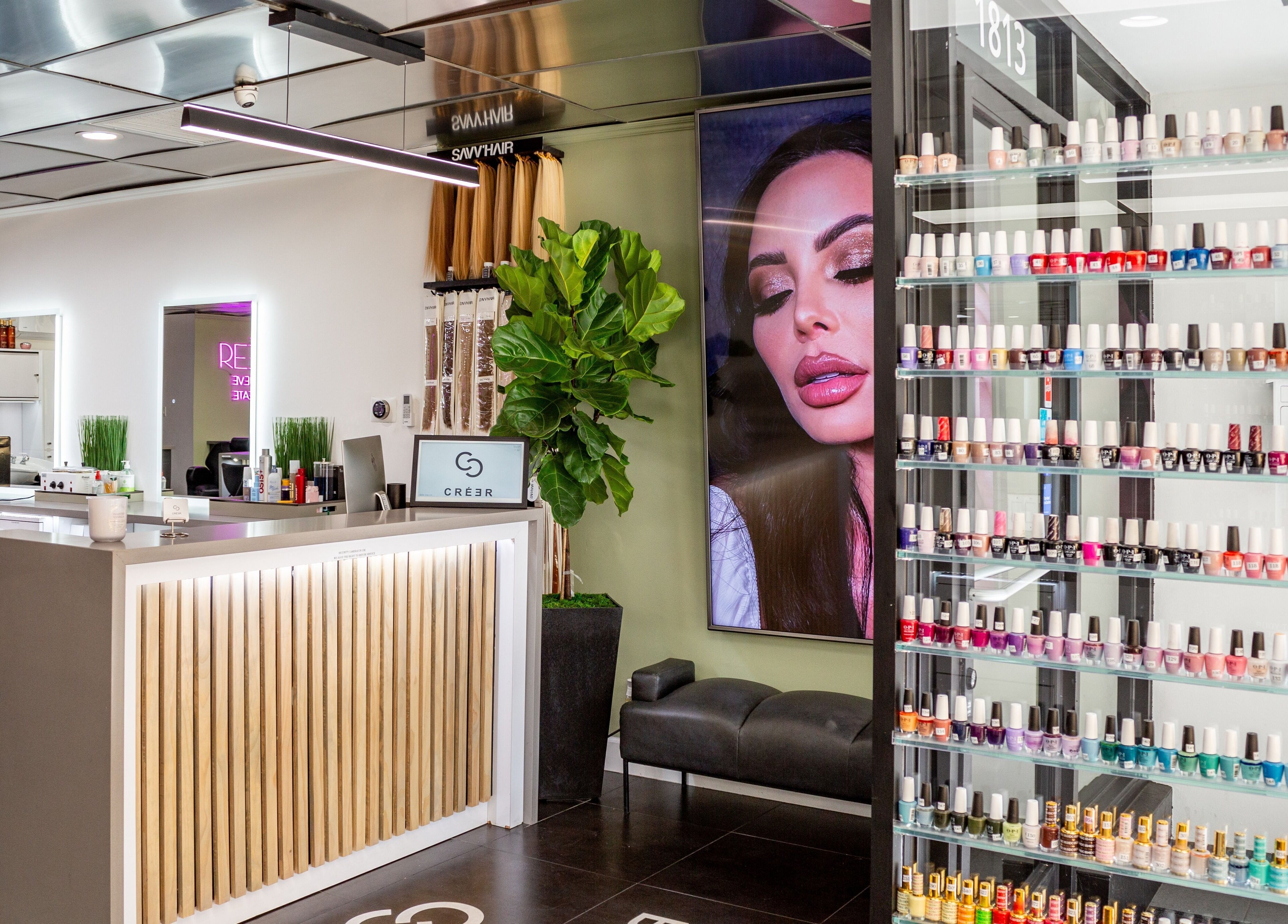 Elegant interior of Salon Creer & Spa with nail polish display in Glendale, California, US.