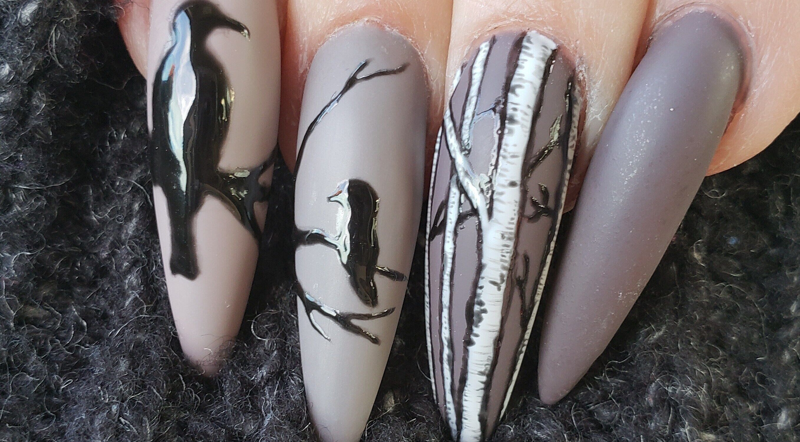 Elegant bird-themed nail art at Sondra’s Nails and Esthetics in Lethbridge, Alberta, CA.