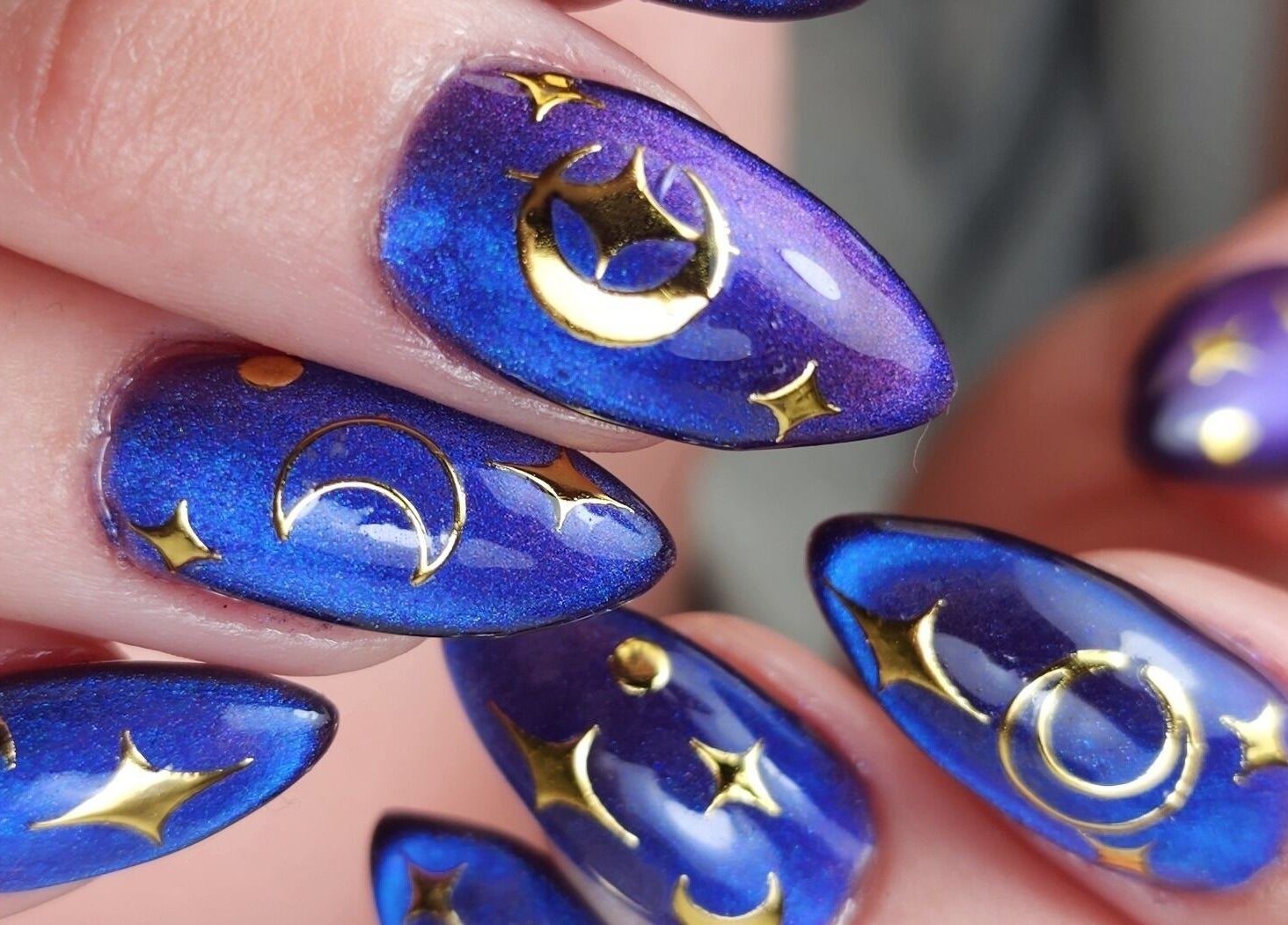 Stunning celestial nail art at Sondra's Nails and Esthetics, Lethbridge, Alberta, CA.
