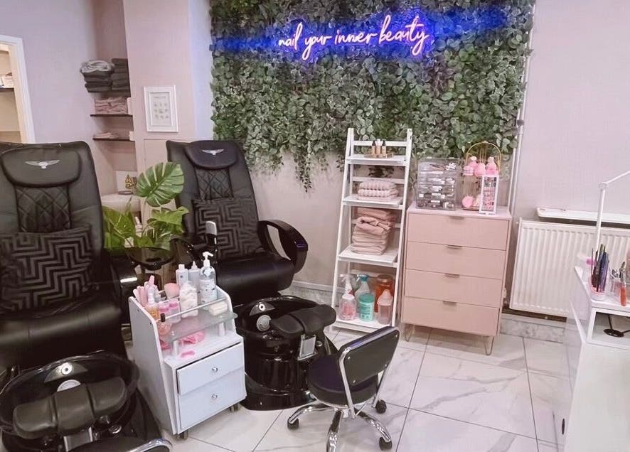 Relaxing pedicure chairs at Kaycie Kyle Brislington Salon, Bristol, England create a cozy beauty retreat.