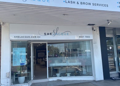 Street view of SheLacque, a beauty venue in Melbourne, Victoria, AU, showcasing its modern storefront design.