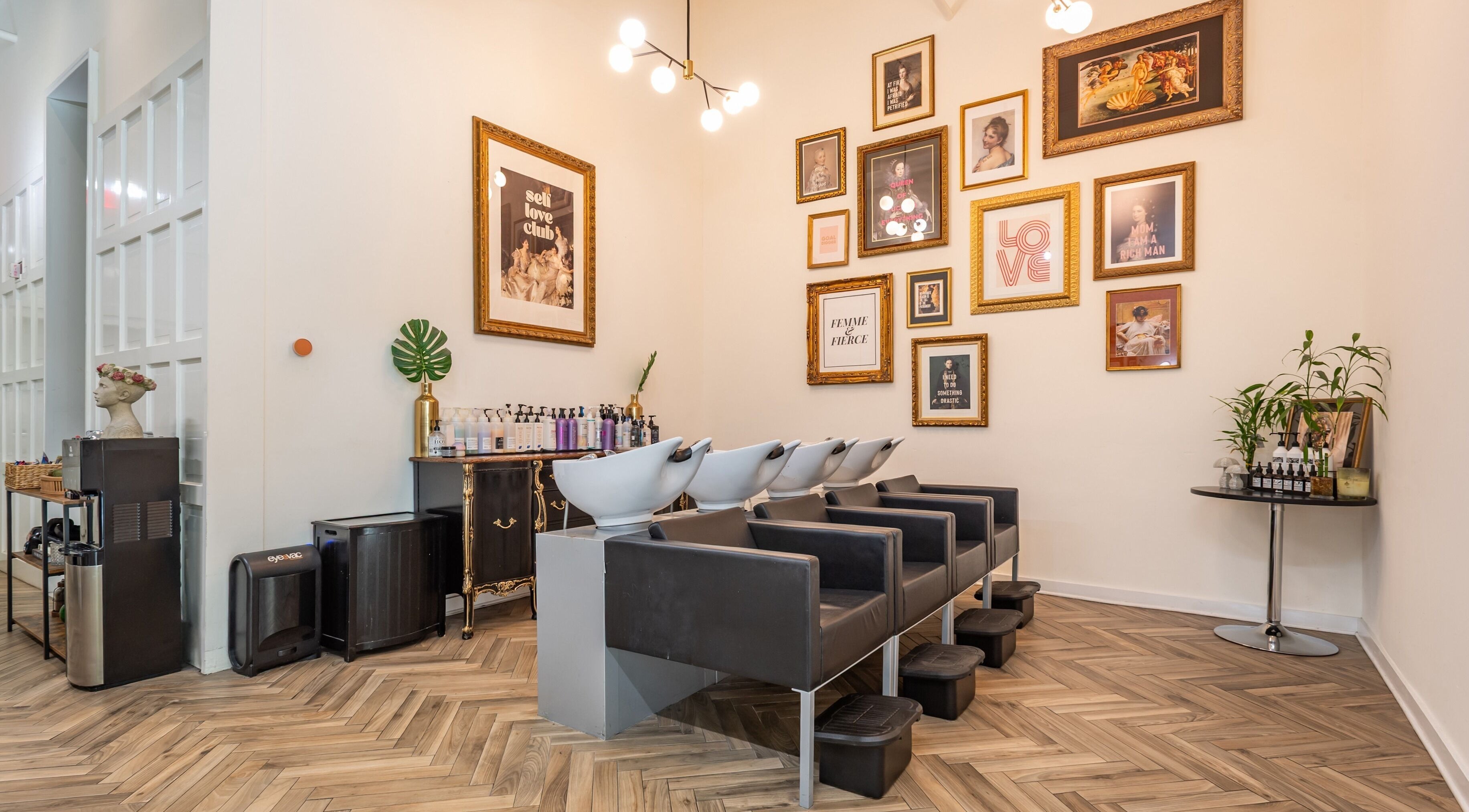 The Alma Project by AG salon wash area with elegant decor, Boca Raton, Florida, US.